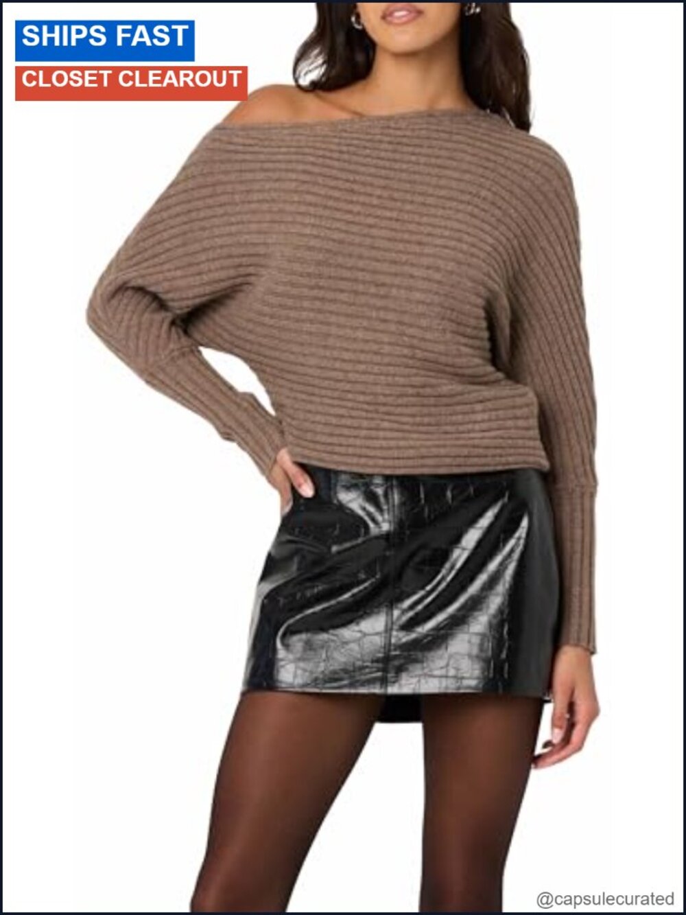Off Shoulder Ribbed Knit Sweater Long Sleeve Wool Blend Pullover